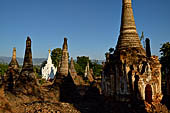 Inle Lake Myanmar. Indein, on the summit of a hill the  Shwe Inn Thein Paya a cluster of hundreds of ancient stupas. Many of them are ruined and overgrown with bushes. 